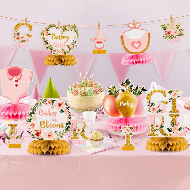 ANGOLIO 12Pcs Spring Floral Baby Shower Party Honeycomb Table Centerpiece Baby in Bloom Table Display with Letters Gender Reveal Decoration Arrangement Favor Block Holder for Girl Birthday - Image 5